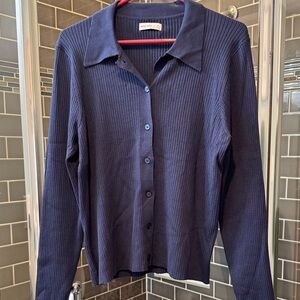 Nine West  Dark Blue Ribbed Button-Down Shirt